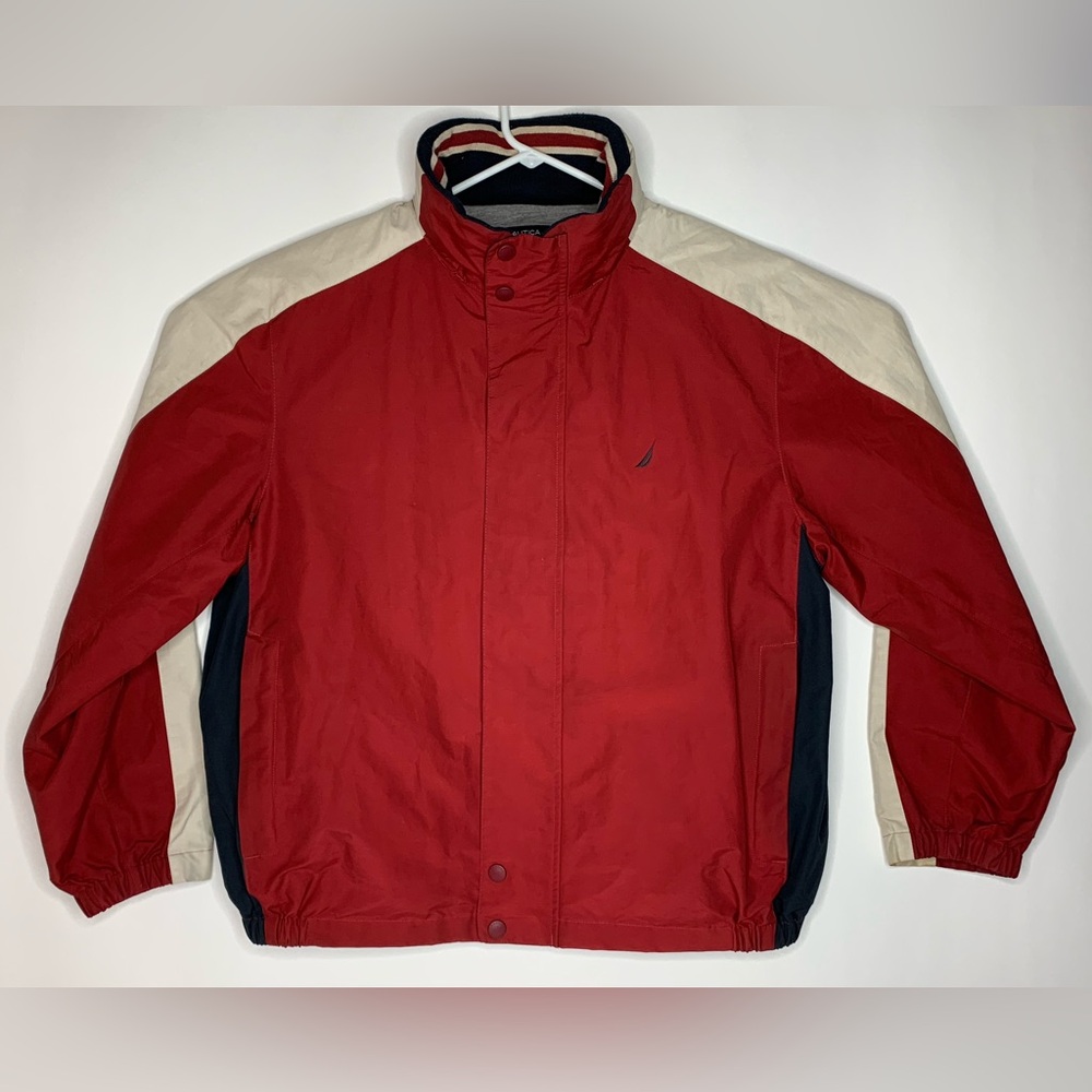 Nautica NX1000 Mens Size XL Red White Packable Nylon Hooded Sailing Windbreaker